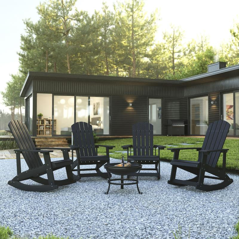 Savannah Set of 4 Outdoor Rocking Adirondack Chairs w/ 22" Round Fire Pit, Black
