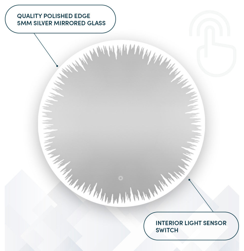 36" Flame, LED Lighted Round Mirror With Dimmer, Defogger, Touch Control.
