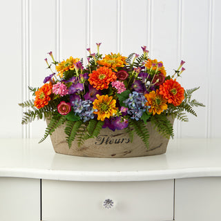 18" Mixed Flowers Artificial Arrangement, Decorative Vase