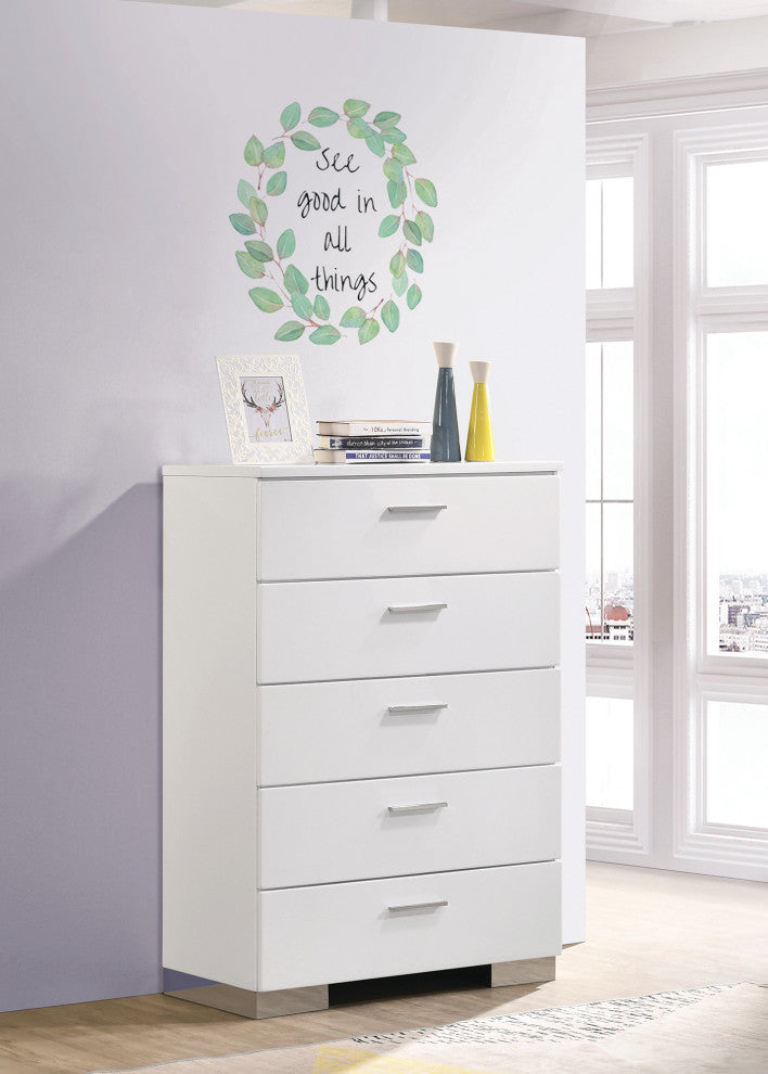 Wood Chest with 5 Drawers, Glossy White