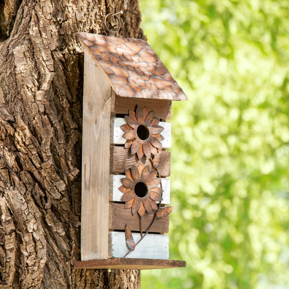 14.5"H Brown/White Two-Tiered Distressed Solid Wood Birdhouse