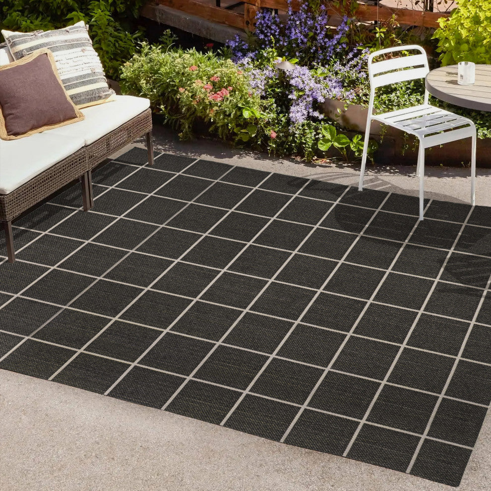 Grid Modern Squares Indoor/Outdoor Area Rug, Black/Cream, 8x10