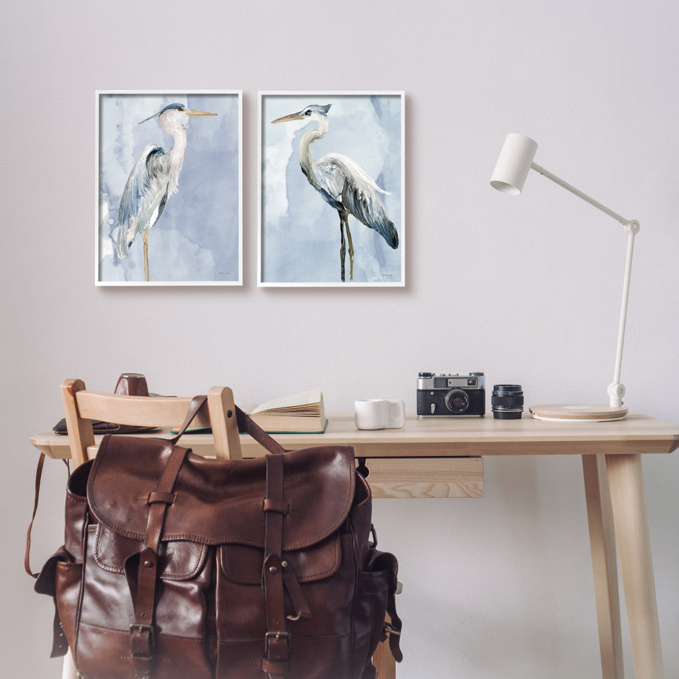 Heron Birds Standing Blue Sky Watercolor Painting, 2pc, each 11 x 14