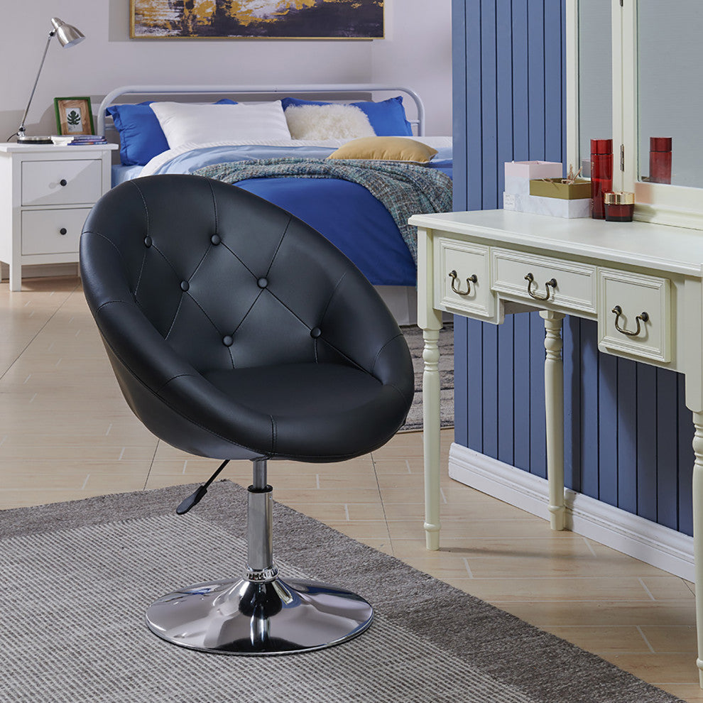 Button Tufted Swivel PU Leather Papasan Chair, Black