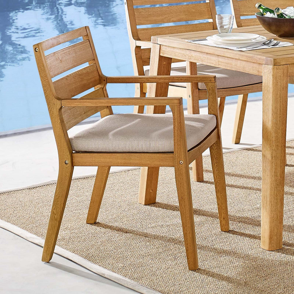 Side Dining Chair Armchair, Wood, Brown Natural Taupe Gray, Modern, Outdoor