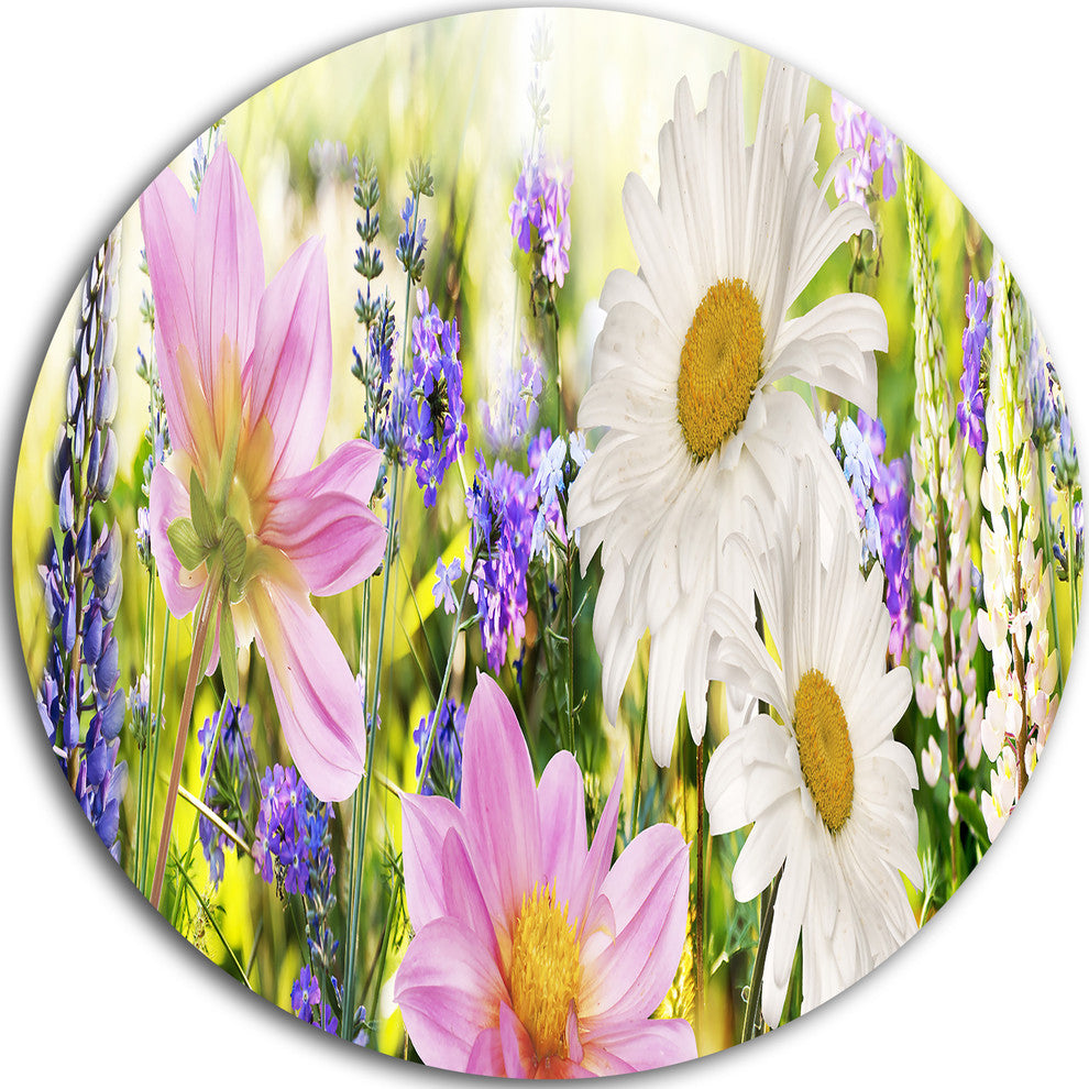 Wild Flowers Field At Sunset, Floral Photography Disc Metal Art, 36"
