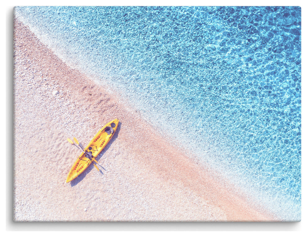 Yellow Canoe and Blue Sea by with Violet Glow Landscape Photo Canvas Art Print, 18" X 24"