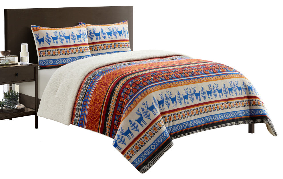 Noelle 3 Piece Sherpa Comforter Bed Set, Multi-Color, Elk Animal Print, Queen