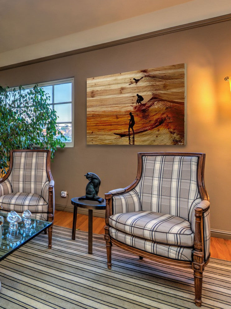 "Surfing the Wave" Print on Natural Pine Wood, 60"x40"