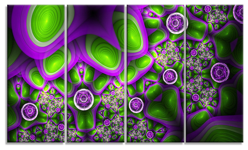 Green Purple Exotic Pattern, Abstract Wall Art Canvas, 48"x28", 4 Panels