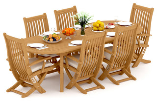 7-Piece Outdoor Teak Dining Set, 94" Extension Oval Table, 6 Warwick Arm Chairs