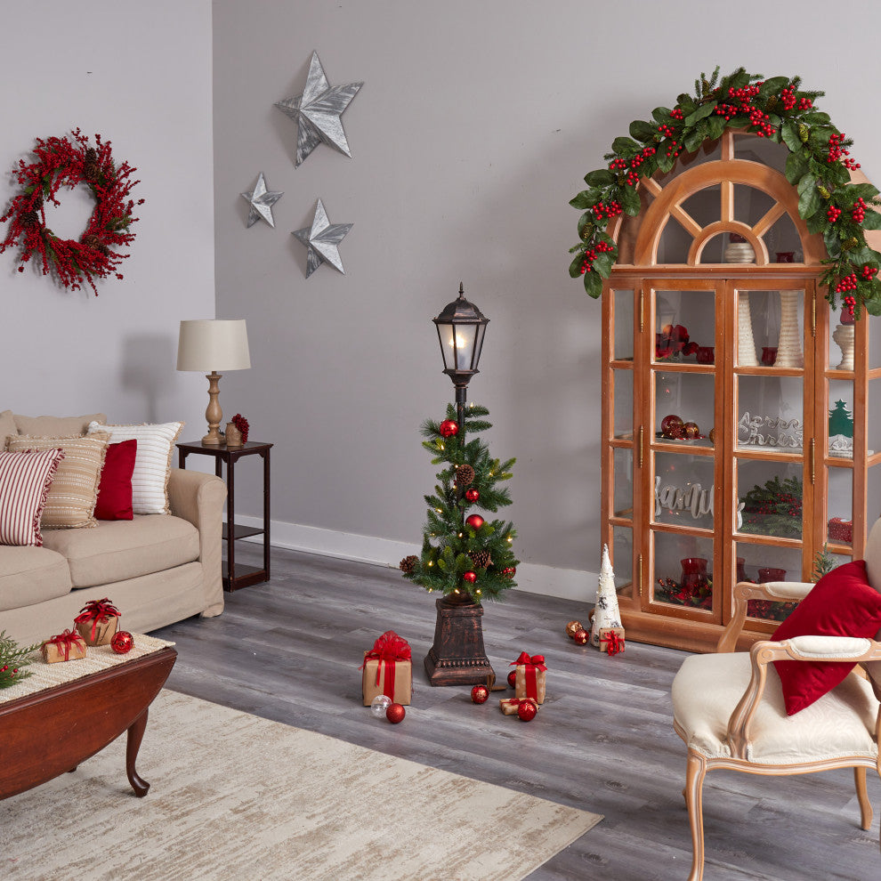 D1031 5' Holiday Decorated Lamp Post With Artificial Christmas Greenery