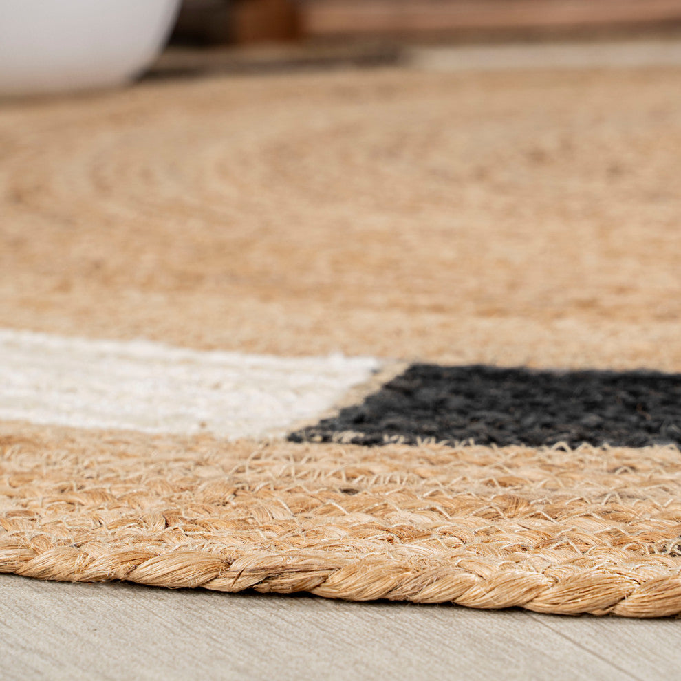 Porto Geometric Jute Circle Round Area Rug, 4' Round