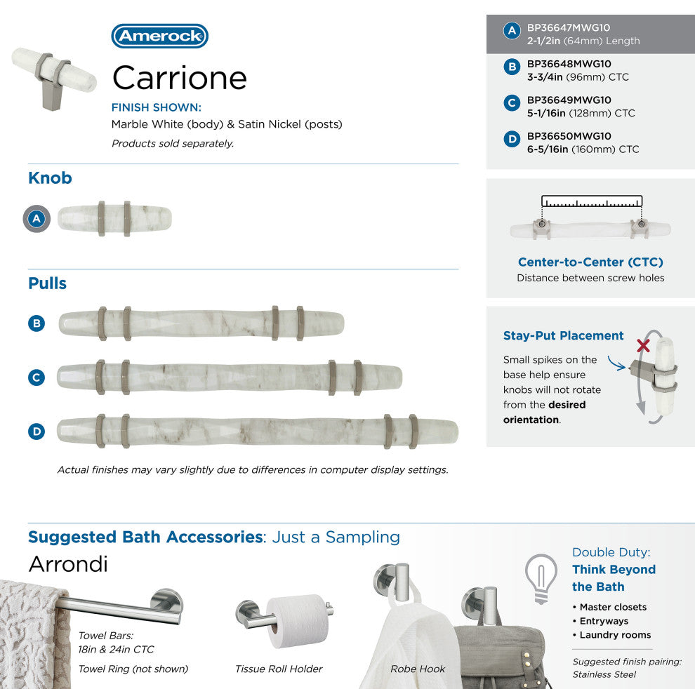 Carrione 2-1/2" Length Cabinet Knob, Marble White/Satin Nickelï¿½