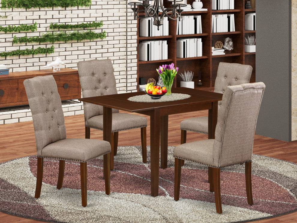 5Pc Kitchen Set - 4 Parson Chairs, Drops Leaf Table, Mahogany Finish