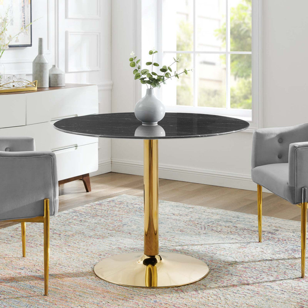 40" Dining Table, Round, Black Gold, Artificial Marble, Modern, Mid Century