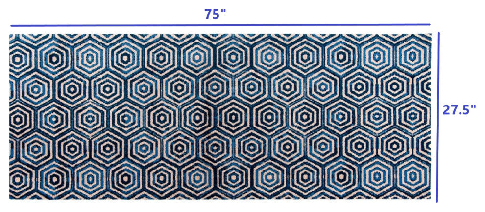 2' x 6' Shades of Blue Hexagons Washable Runner Rug