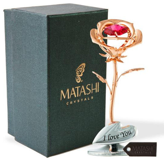 Matashi Rose Gold Plated Rose Flower Tabletop Ornament w Red Crystals Home Decor