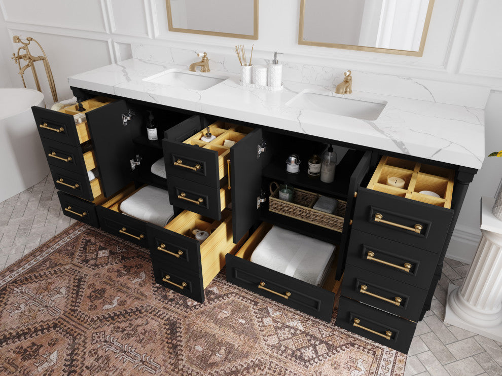 Aberdeen 84 Double Sink Bath Vanity in Black 2" Venatino Quartz