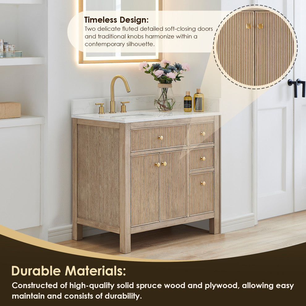 Cerrito Bathroom Vanity, Natural Oak, 36" Single, Without Mirror