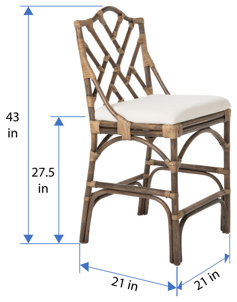 Chippendale Rattan Counter Stool, Antique Brown and Off-White Upholstery