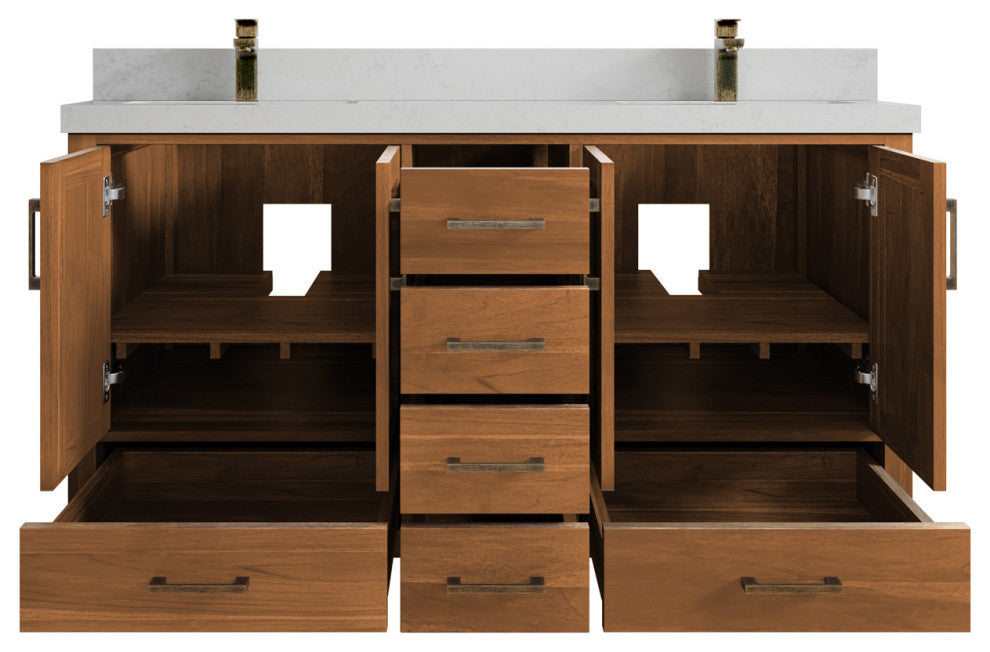 Malibu Teak 60 Double Sink Bathroom Vanity in Golden Teak 2" Carrara Quartz