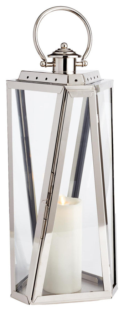Elegant Tall Faceted Silver Nautical Candle Lantern Chrome Outdoor Safe Handle