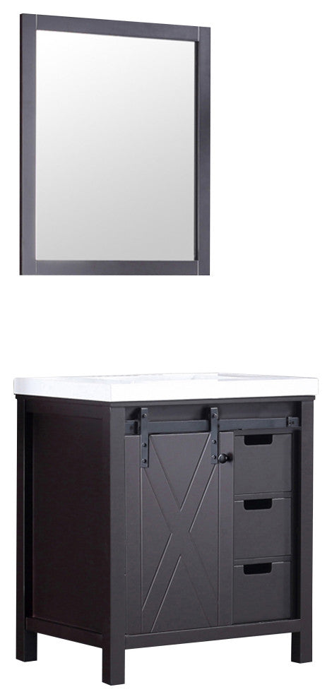 Marsyas 30" Brown Single Vanity Cabinet Quartz Top Square Sink, 28" Wall Mirror