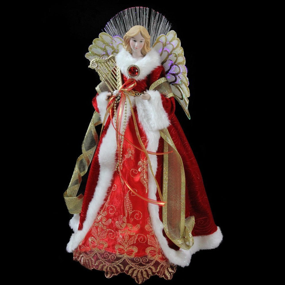 16" Battery-Operated Angel in Garnet Coat With Harp Christmas Tree Topper