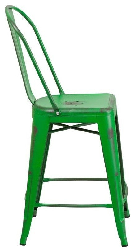 24" High Distressed Green Metal Indoor-Outdoor Counter Stool With Back