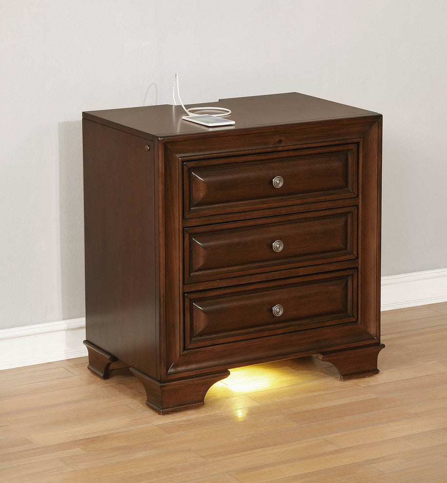 Benzara BM181394 Wooden Night Stand With 3 Drawers, Cherry Brown