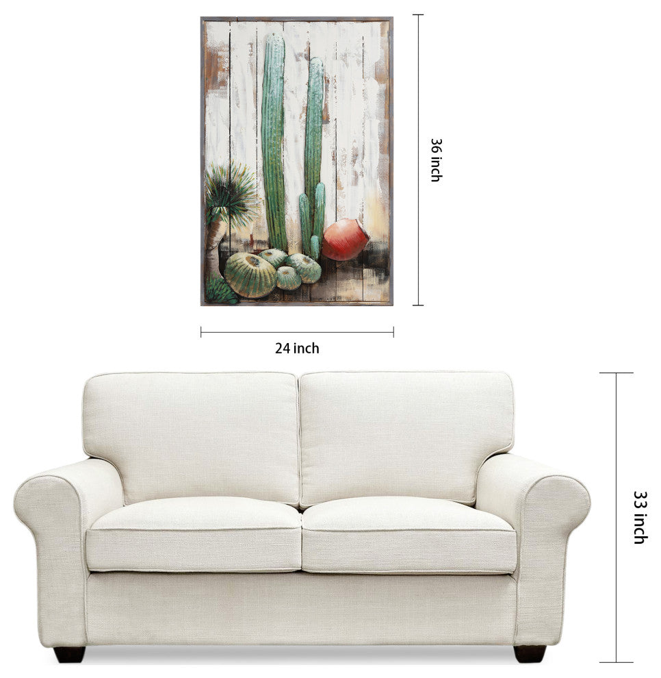 "Cacti" Metal Wall Art Hand Painted on Rugged Wooden Blocks Wall Sculpture