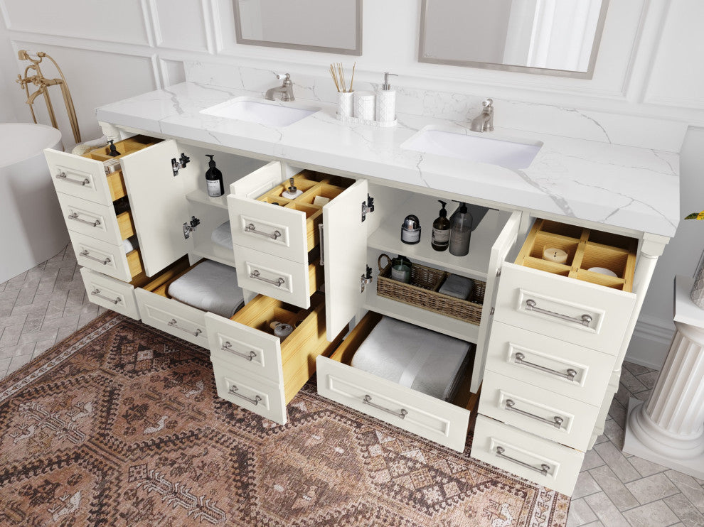 Aberdeen 84" Double Sink Bath Vanity, Alabaster 2" Venatino Quartz