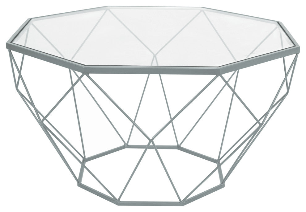 LeisureMod MD31GR Malibu Large Octagon Glass Grey Coffee Table Geometric Base