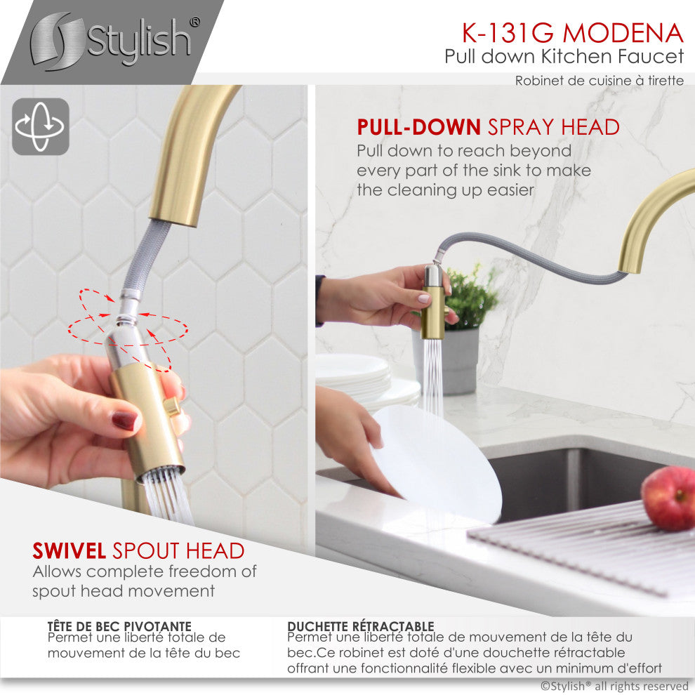 K131GK142G Single Handle Pull Down Kitchen Faucet With Cold Water Tap, Gold