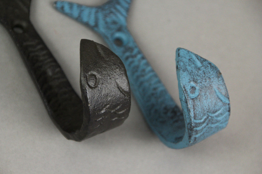Set of 4 Coastal Color Cast Iron Flipping Fish Decorative Wall Hooks