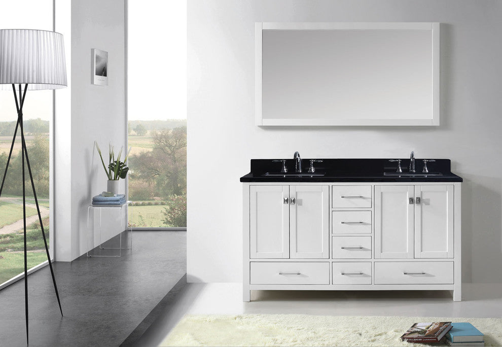 Virtu Caroline Avenue 60" Double Bathroom Vanity, White, Faucet and Mirror