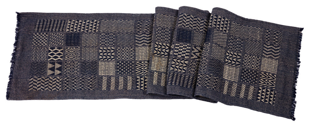 Artisan Hand Loomed Cotton Table Runner, Indigo Blocks, 18"x96"