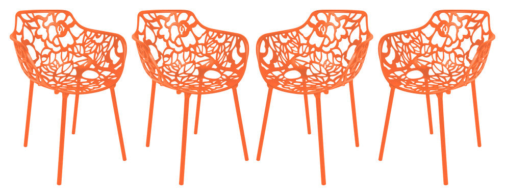 LeisureMod Modern Devon Aluminum Chairs, With Arms, Set of 4, Orange