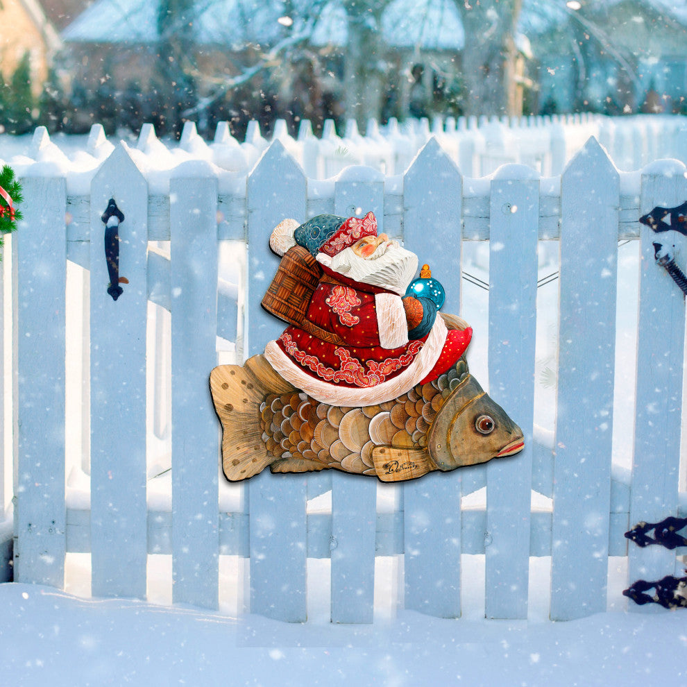 Golden Fish Santa Wooden Door Hanger