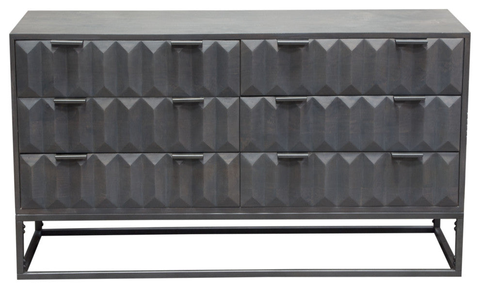 6-Drawer Solid Mango Wood Dresser in Smoke Grey Finish Gun Metal Finished Legs