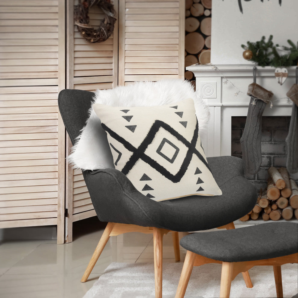 Black and Cream Tufted Geometric Diamond Throw Pillow