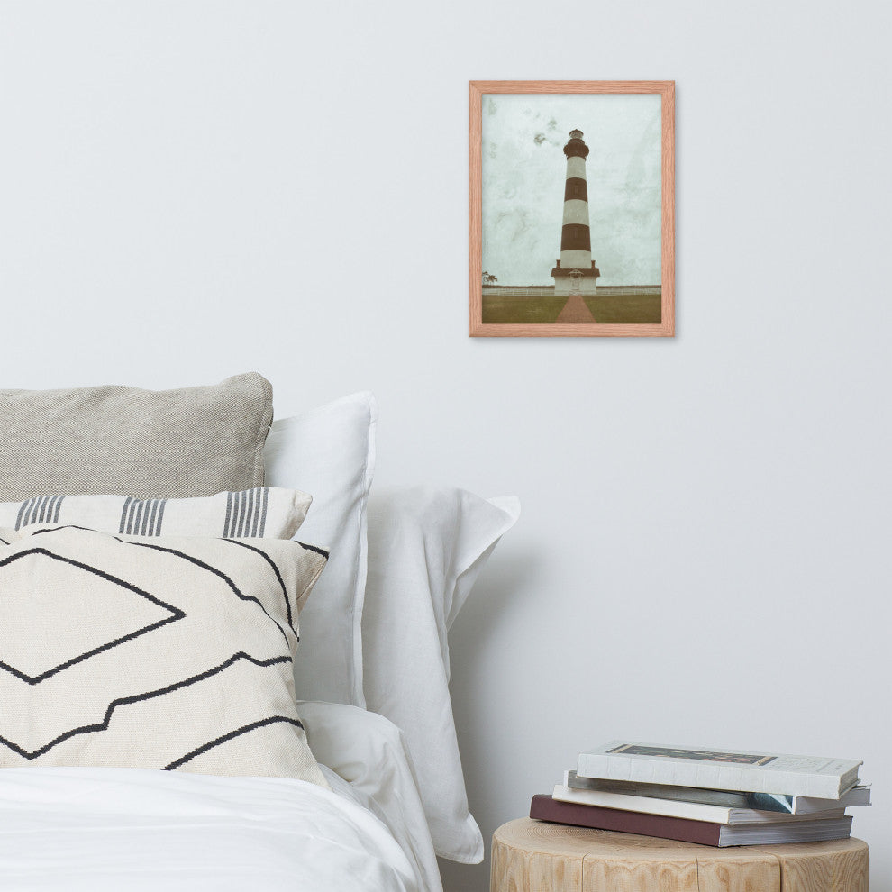 Aged Bodie Lighthouse Landscape Framed Photo Paper Wall Art Prints, Red Oak, 11" X 14"