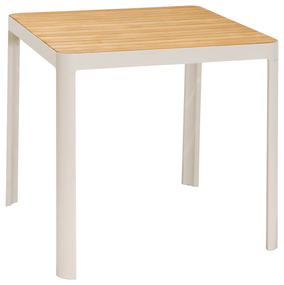 Patio Aluminum Bar Set With Natural Teak wood Accent Top, Light Matte