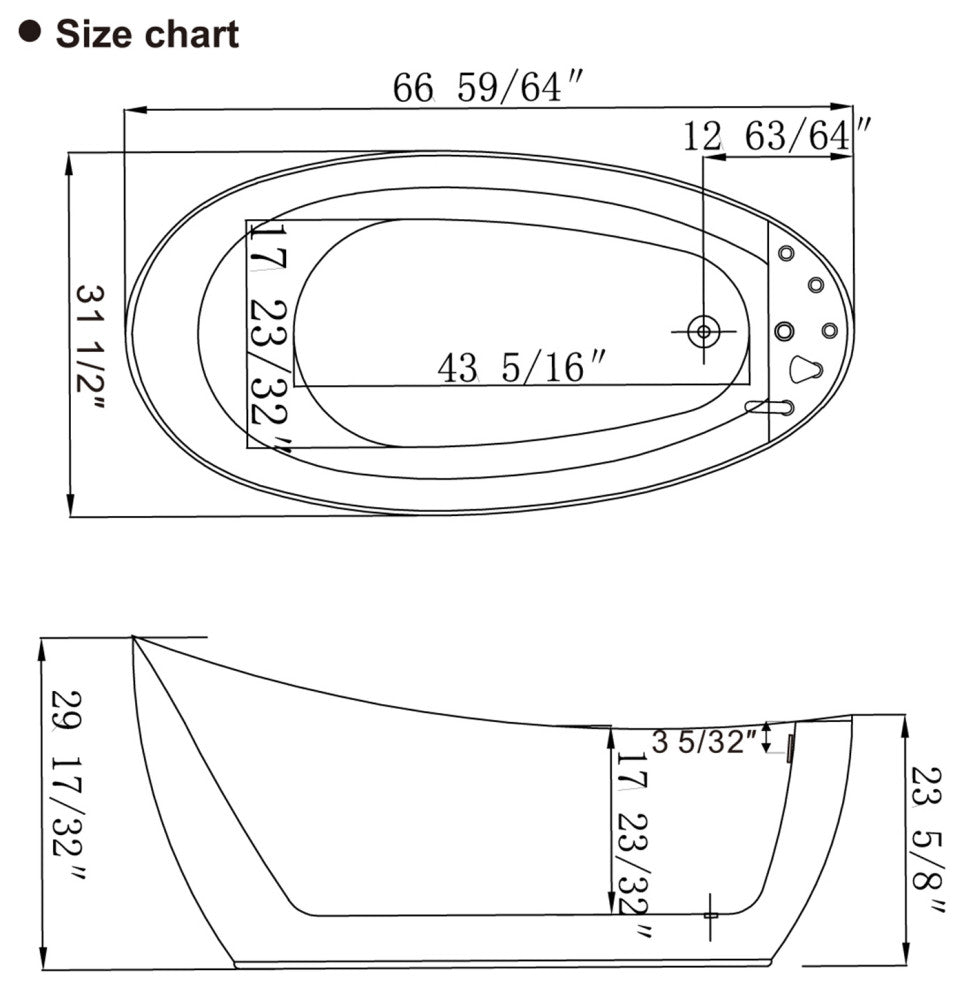 67" L x 31.5" W White Acrylic Right Drain Freestanding Whirlpool Tub