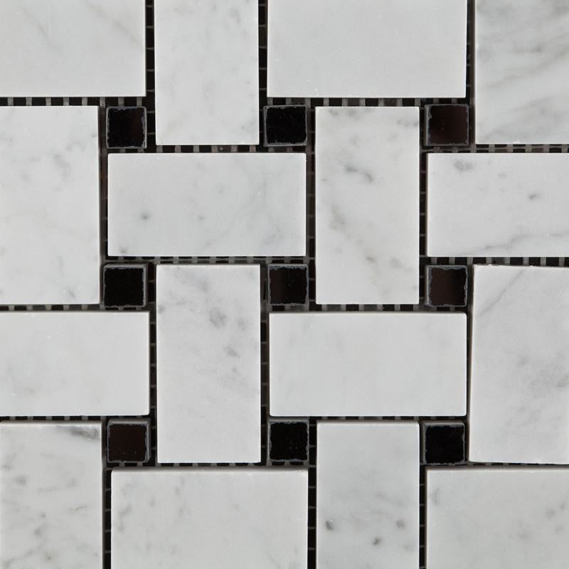 Carrara White Marble Honed Basketweave  Mosaic Tile w/ Black Dots