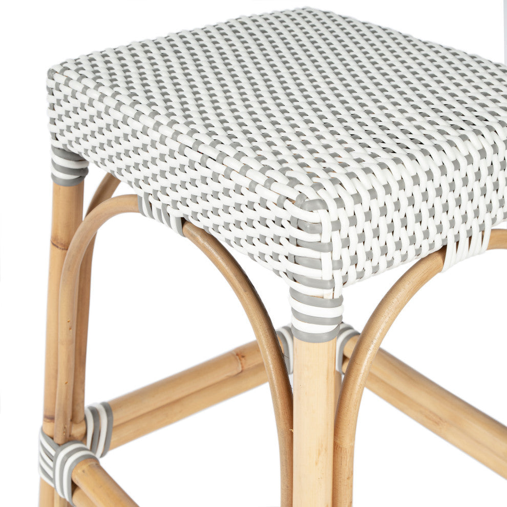 Robias Rectangular Rattan 24.5" Counter Stool, Grey and White