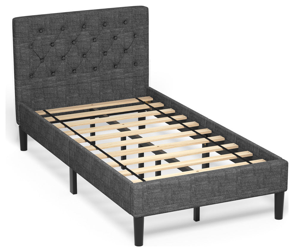 Costway Twin Upholstered Bed Frame Diamond Stitched Headboard Wood Slat Support