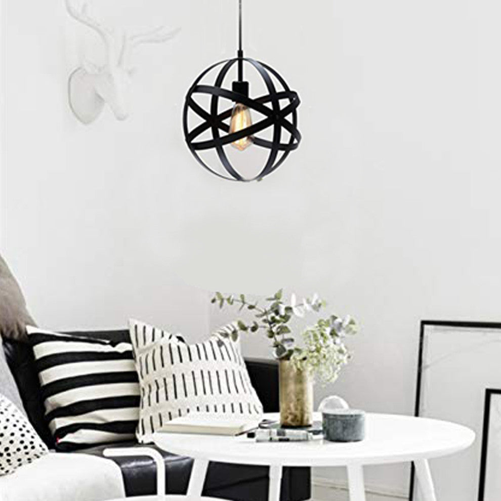 Spherical Orb Shape Metal Globe Pendant, Black
