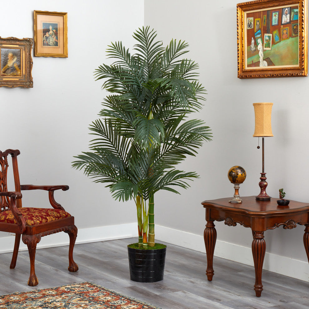 6' Golden Cane Artificial Palm Tree, Black Tin Planter